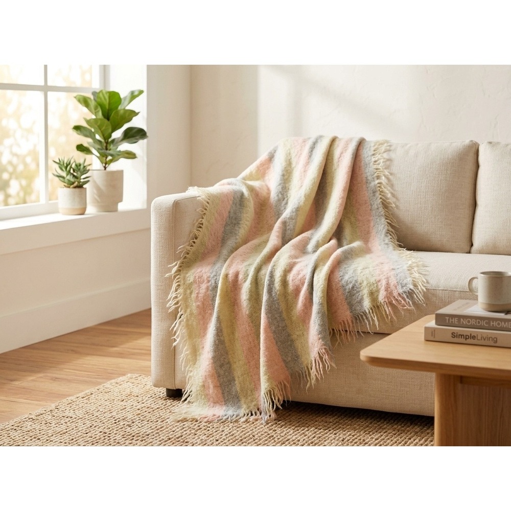 Vintage Toison d'Or Mohair Wool Blend Striped Throw Blanket Made in France 43x70